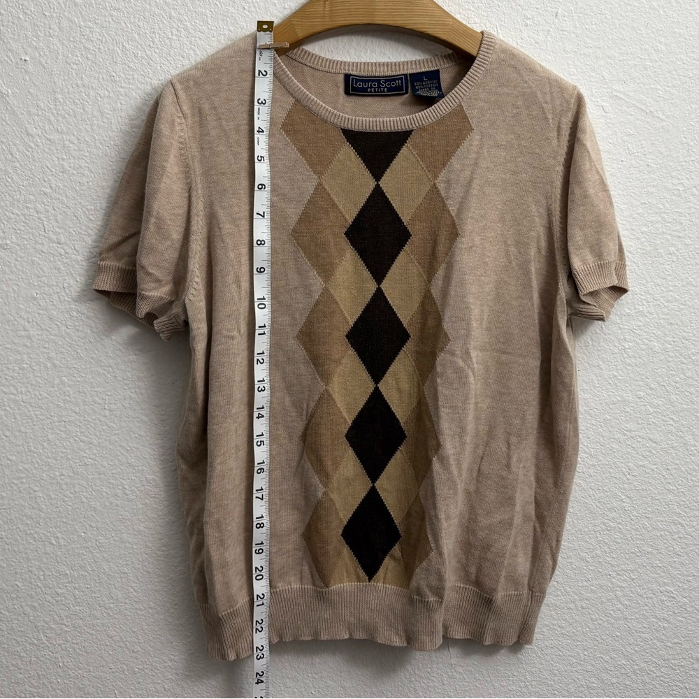 Laura Scott Argyle Short-Sleeve Knit Sweater Tan size Petite large - Picture 5 of 5
